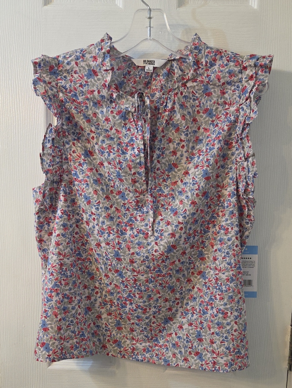 Steve Madden Floral Ruffle Sleeveless Blouse in White, Blue & Pink